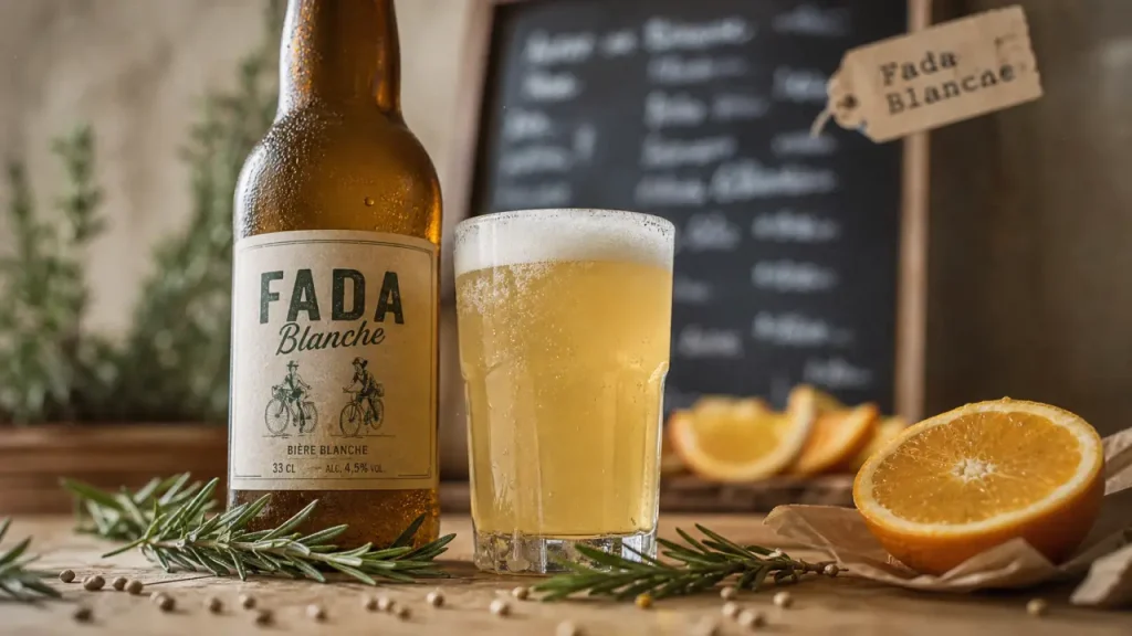 Biere fada blanche 5% agrumes et romarin, bouteille 33 cl et verre