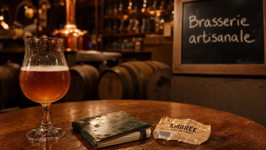 Brasserie artisanale de sarlat : bière ambrée en verre et étiquette de bouteille