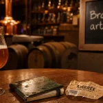 Brasserie artisanale de sarlat : bière ambrée en verre et étiquette de bouteille