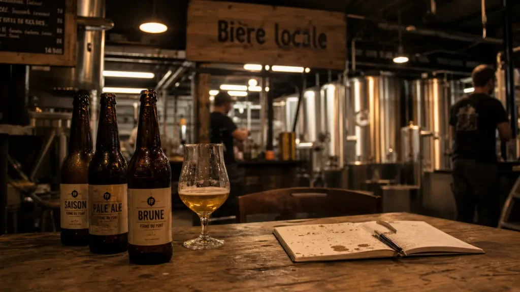 Brasserie artisanale des 4 pays : bières locales en visite, bouteilles et table de dégustation