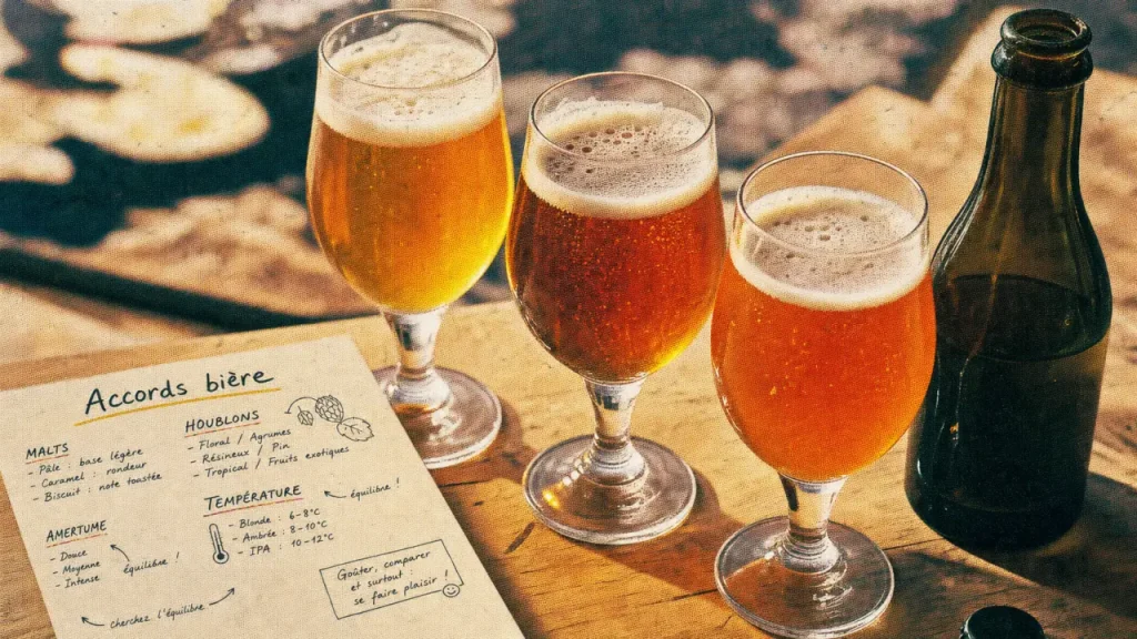 Brasserie artisanale Mélusine : verres de bière blonde, ambrée et IPA avec carte accords bière