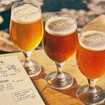 Brasserie artisanale Mélusine : verres de bière blonde, ambrée et IPA avec carte accords bière