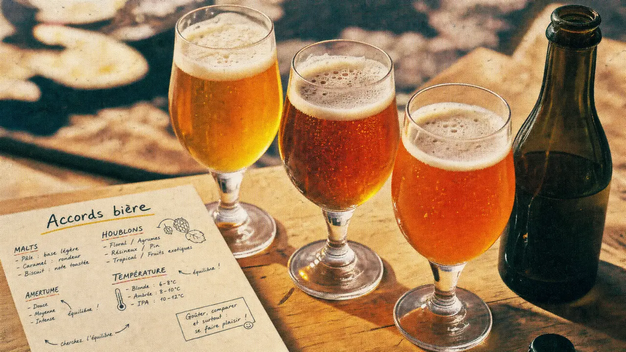 Brasserie artisanale Mélusine : verres de bière blonde, ambrée et IPA avec carte accords bière