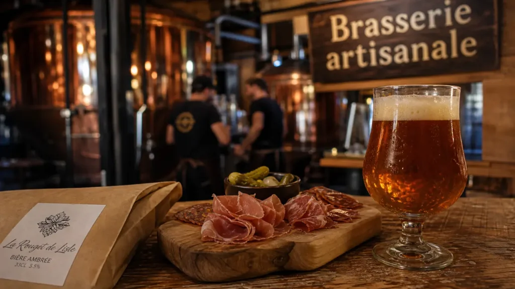 Brasserie gaillac : verre de bière ambrée et charcuterie en microbrasserie artisanale