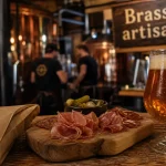 Brasserie gaillac : verre de bière ambrée et charcuterie en microbrasserie artisanale