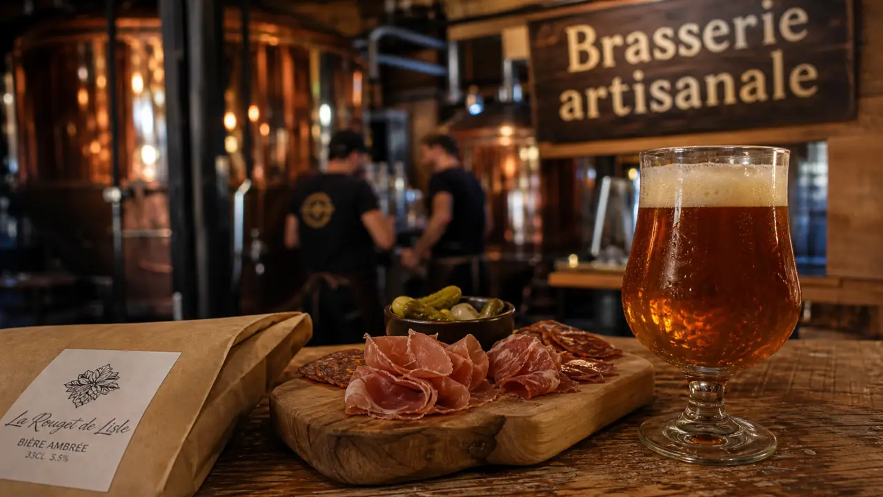 Brasserie gaillac : verre de bière ambrée et charcuterie en microbrasserie artisanale