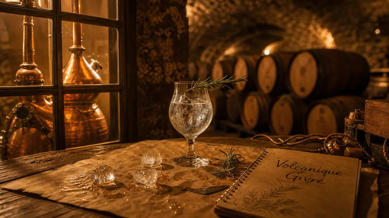 Distillerie des volcans d Auvergne : gin volcanique givré sur table en chêne