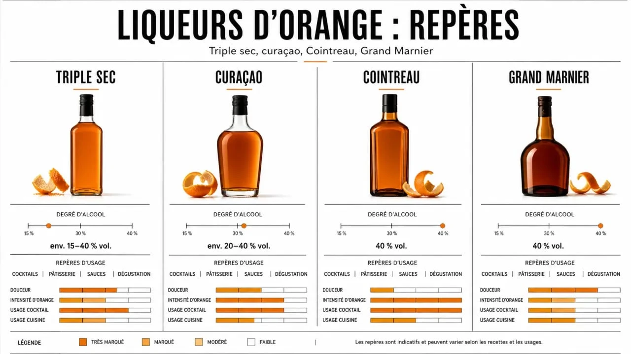 Comparatif des liqueurs triple sec, curaçao, Cointreau et Grand Marnier