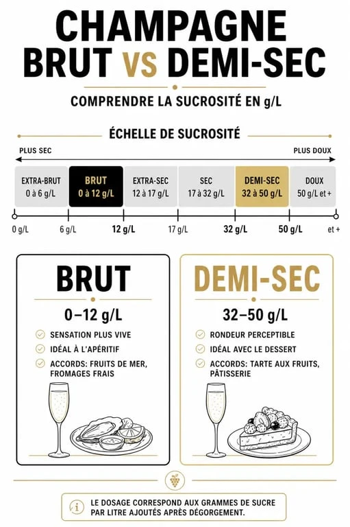 Différence brut et demi sec : infographie comparative de l’échelle de sucrosité du champagne