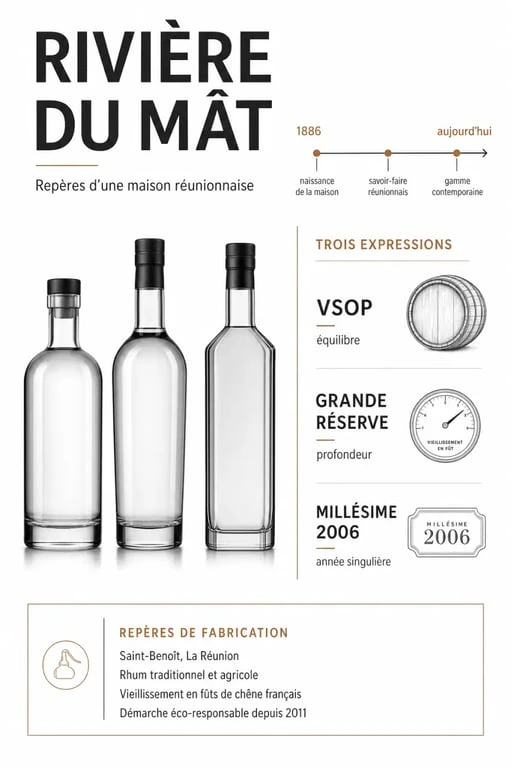 Infographie éditoriale sur le rhum Rivière du Mât avec histoire, cuvées et repères de fabrication