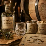 Genievre de houlle : bouteille de genièvre et verre à facettes, genévrier et céréales