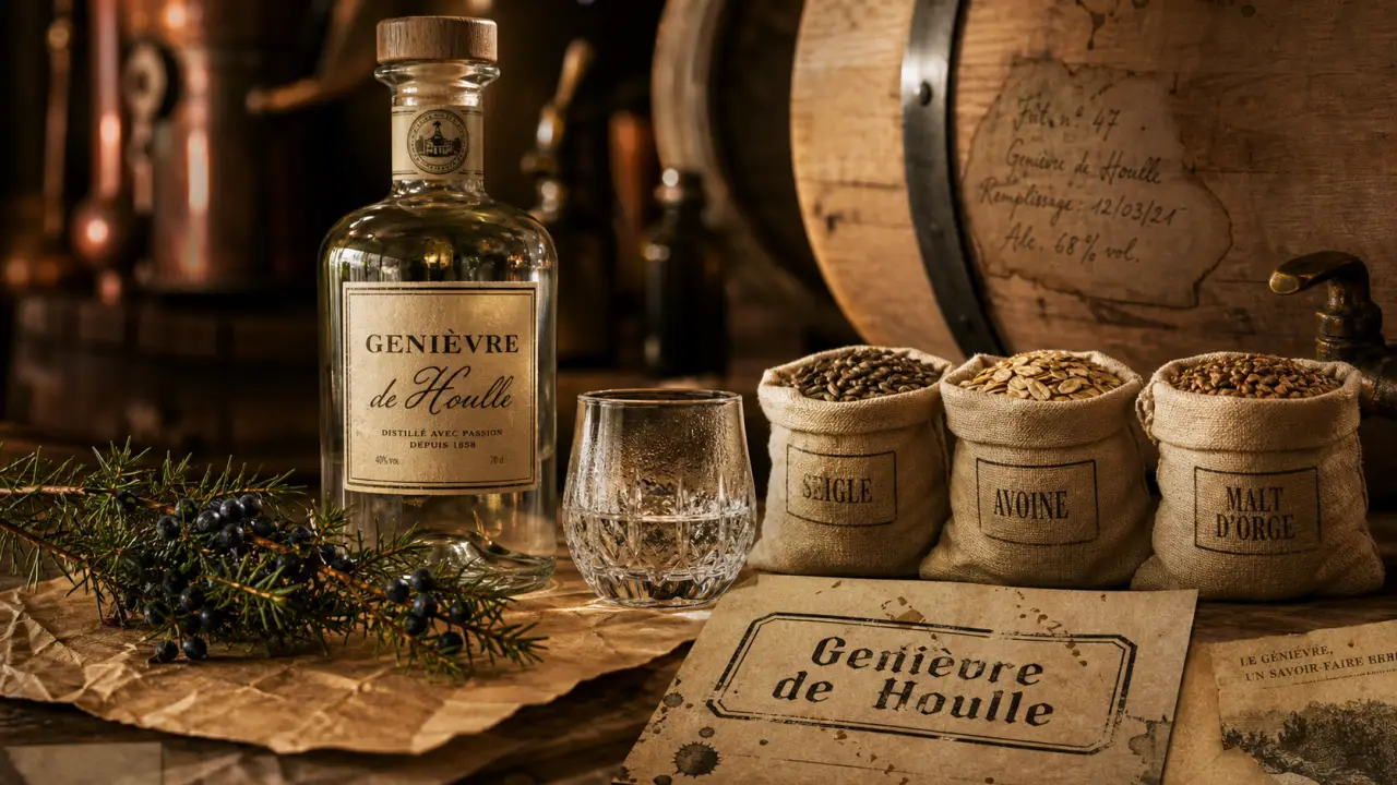 Genievre de houlle : bouteille de genièvre et verre à facettes, genévrier et céréales