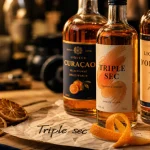 Liqueurs triple sec : bouteilles d’orange, zeste et cocktail au verre tulipe
