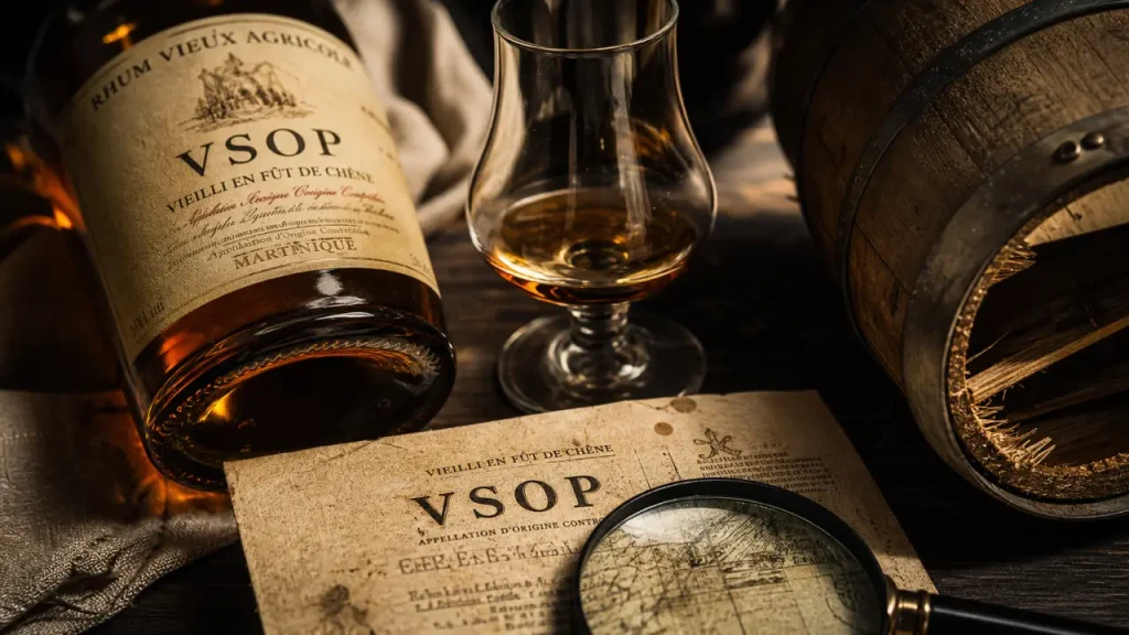 Rhum riviere du mat : bouteille ambrée, verre et fût de chêne