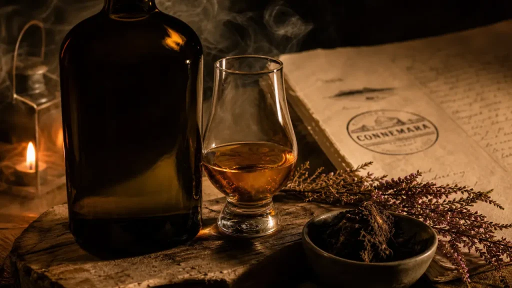 Whisky Connemara tourbé sur chêne, verre ambré, bruyère