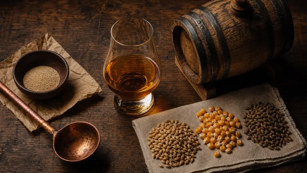 Les ingrédients du whisky, du single malt au bourbon et au rye : céréales, eau, levure et fût