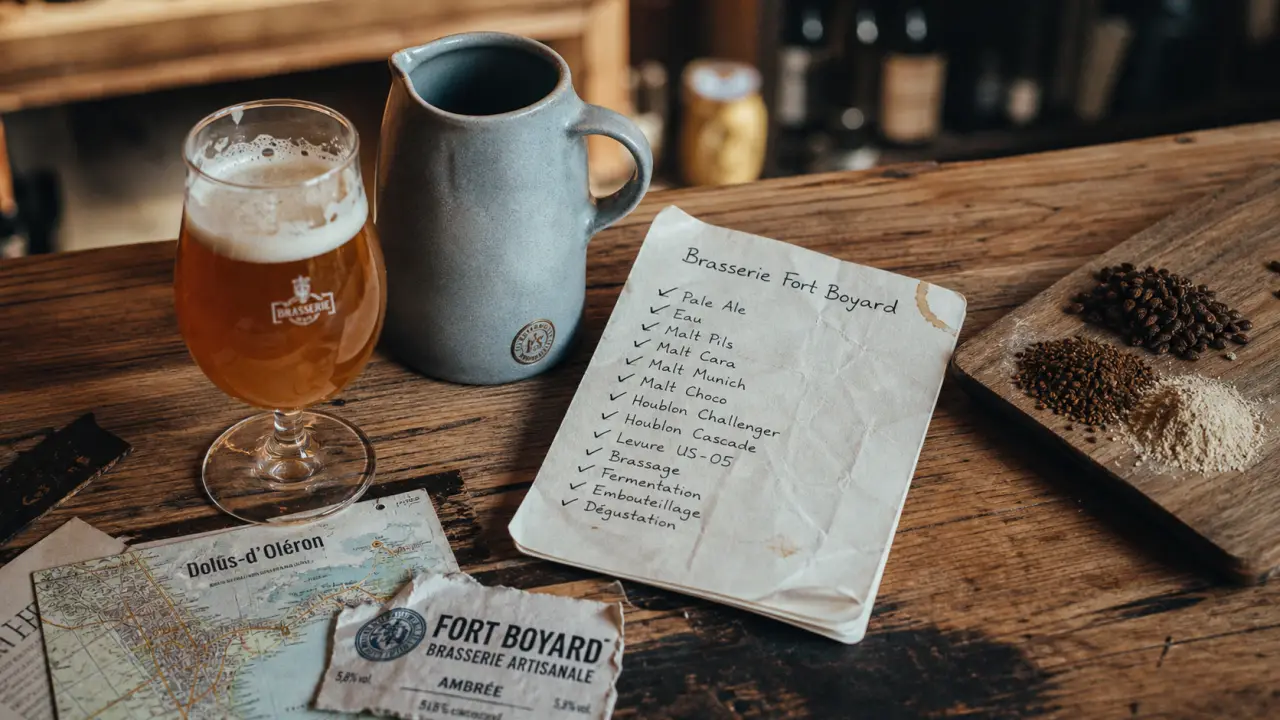 Brasserie artisanale Fort Boyard : bière non filtrée, verre ambré sur table à Oléron