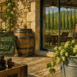 Brasserie artisanale La Vieille Mule au Poët-Laval : terrasse et houblonnière bio