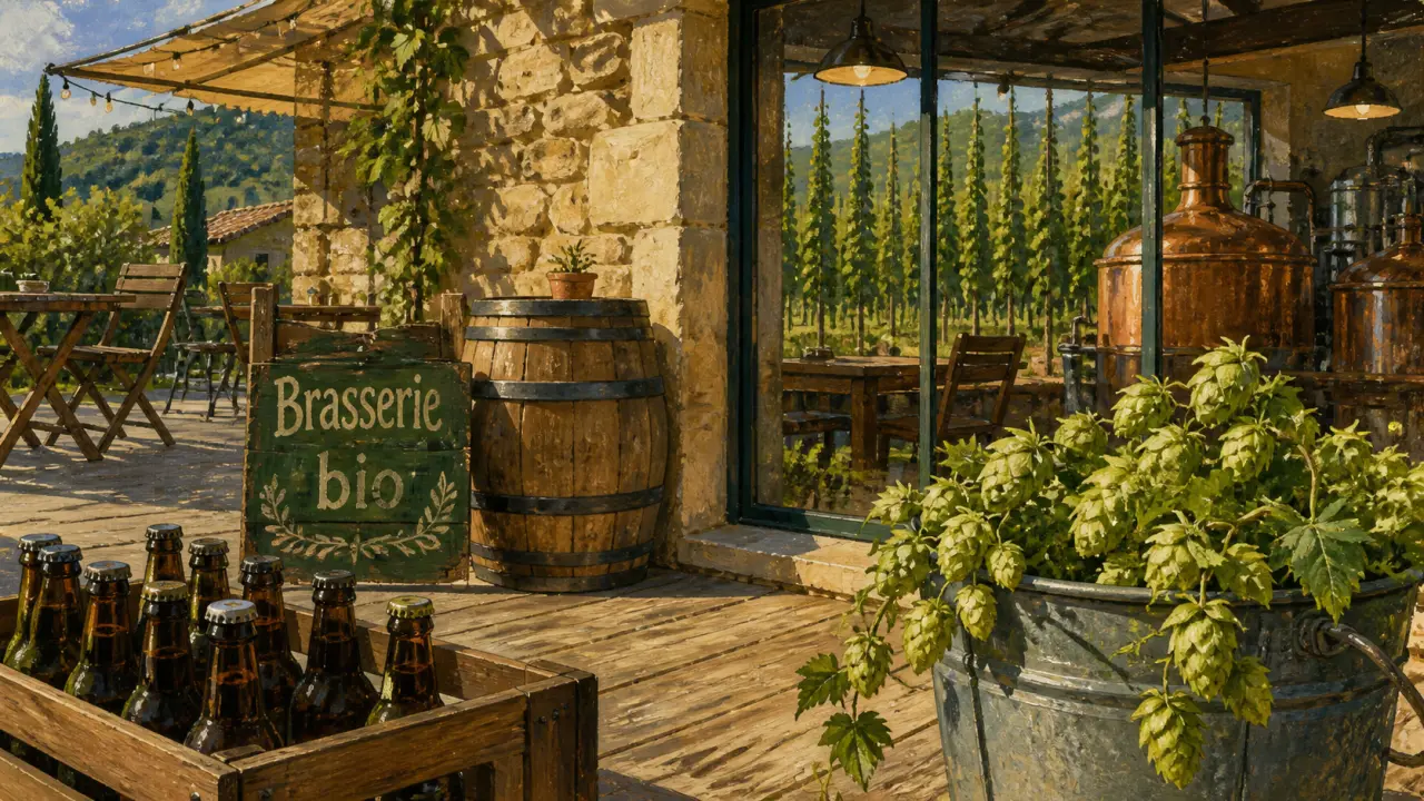 Brasserie artisanale La Vieille Mule au Poët-Laval : terrasse et houblonnière bio