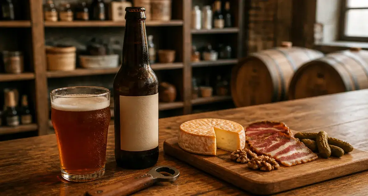 Brasserie artisanale Saint Pierre : verre de bière ambrée et planche apéritive artisanale