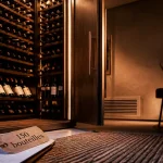 Cave à vin 150 bouteilles, rangement bois et bouteilles alignées