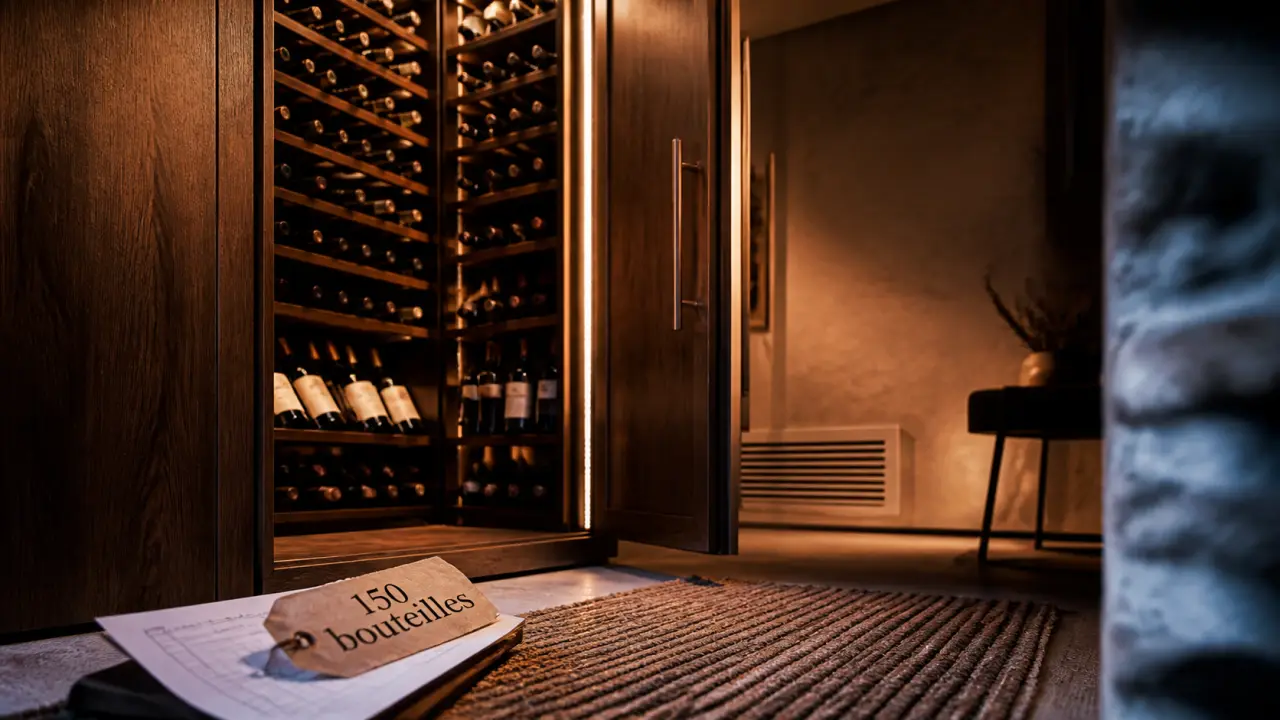 Cave à vin 150 bouteilles, rangement bois et bouteilles alignées