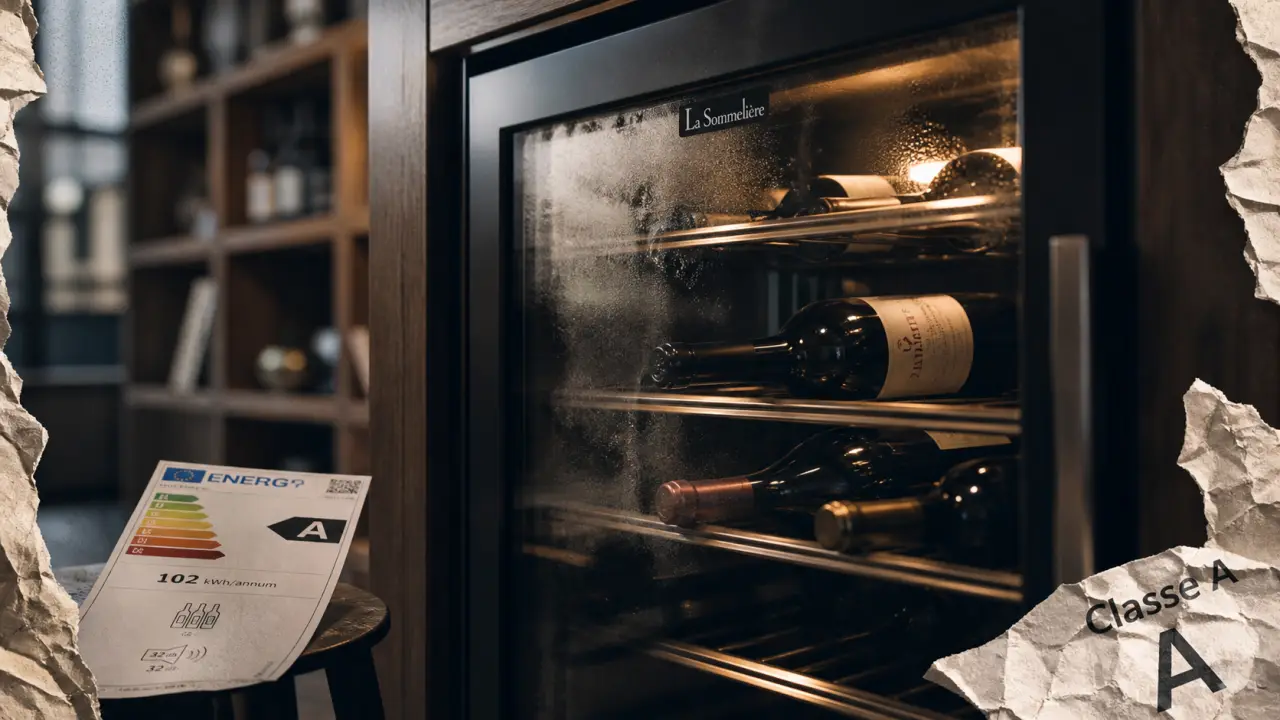 Cave à vin classe a, étiquettes et bouteilles en vue