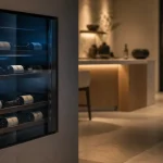 Cave à vin murale vitrée avec bouteilles rangées et vitre anti-UV