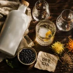 Dry gin : bouteille, verres et baies de genièvre