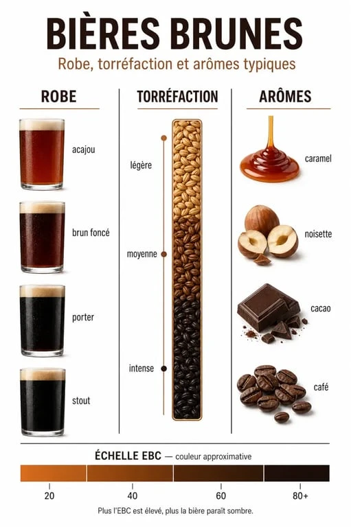 Infographie sur les bières brune avec comparaison des couleurs, de l’EBC et des arômes