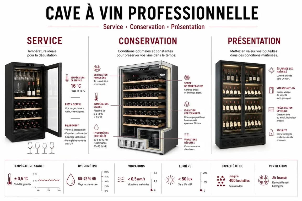 Cave à vin professionnel : infographie des usages et critères de choix entre service, conservation et présentation