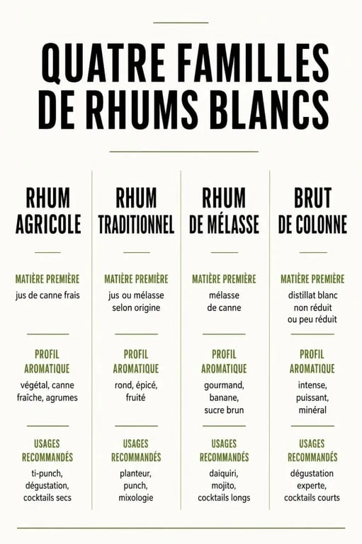 Comparatif des rhums blancs agricole, traditionnel, mélasse et brut de colonne