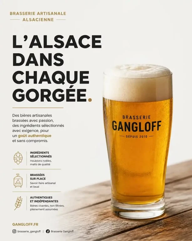 Bière artisanale de la brasserie artisanale Gangloff dans un verre élégant
