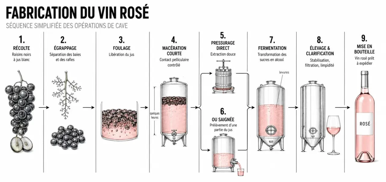 Schéma de la vin rosé fabrication avec les étapes de macération, pressurage direct, saignée et mise en bouteille
