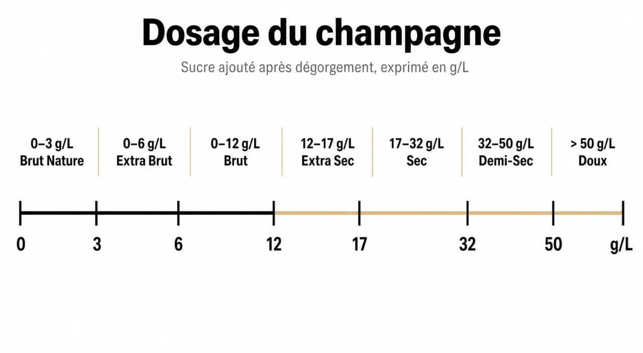 Infographie comparative des niveaux de dosage du champagne brut et extra brut