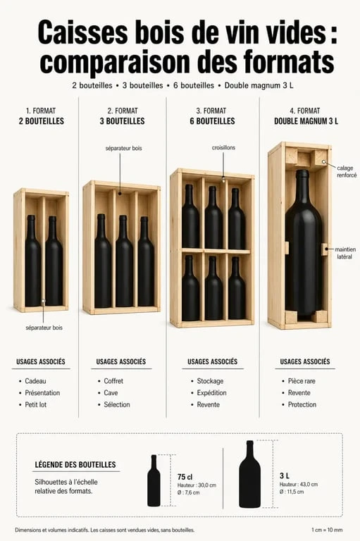 Caisses bois de vin : comparaison visuelle des formats 2, 3, 6 bouteilles et double magnum