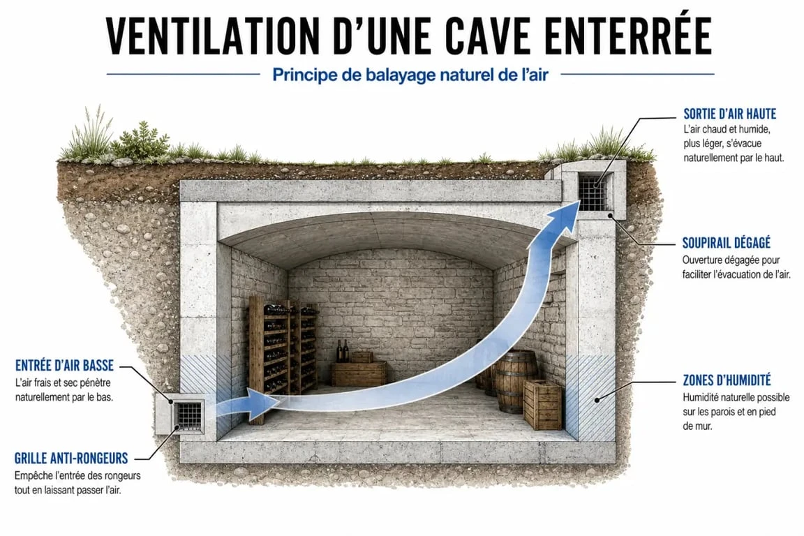 Comment ventiler cave : schéma d’une cave avec entrée d’air basse et sortie haute
