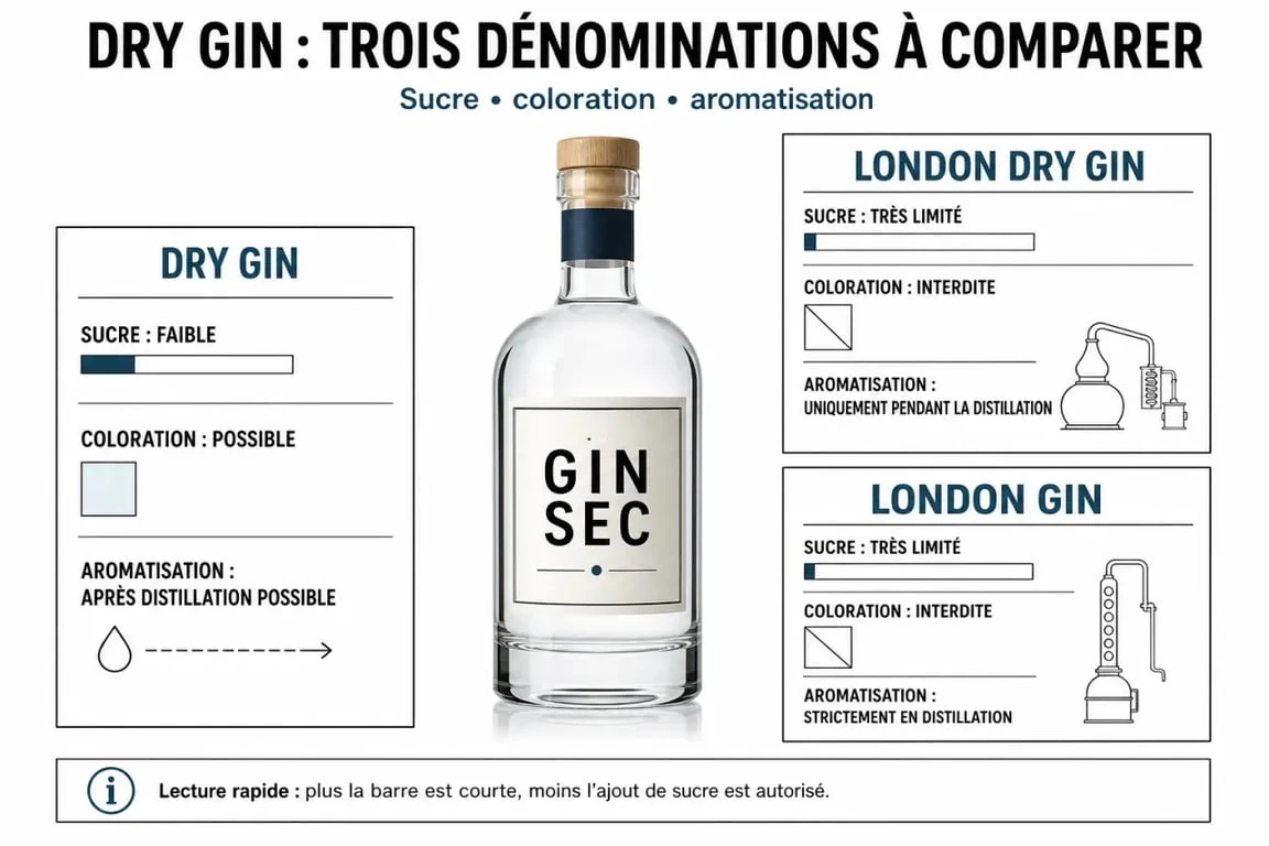 Dry gin en infographie comparative avec London Dry Gin et London Gin