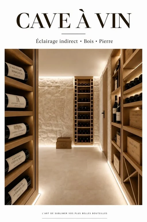 Éclairage cave à vin indirect et chaleureux dans une cave avec rayonnages en bois et murs en pierre