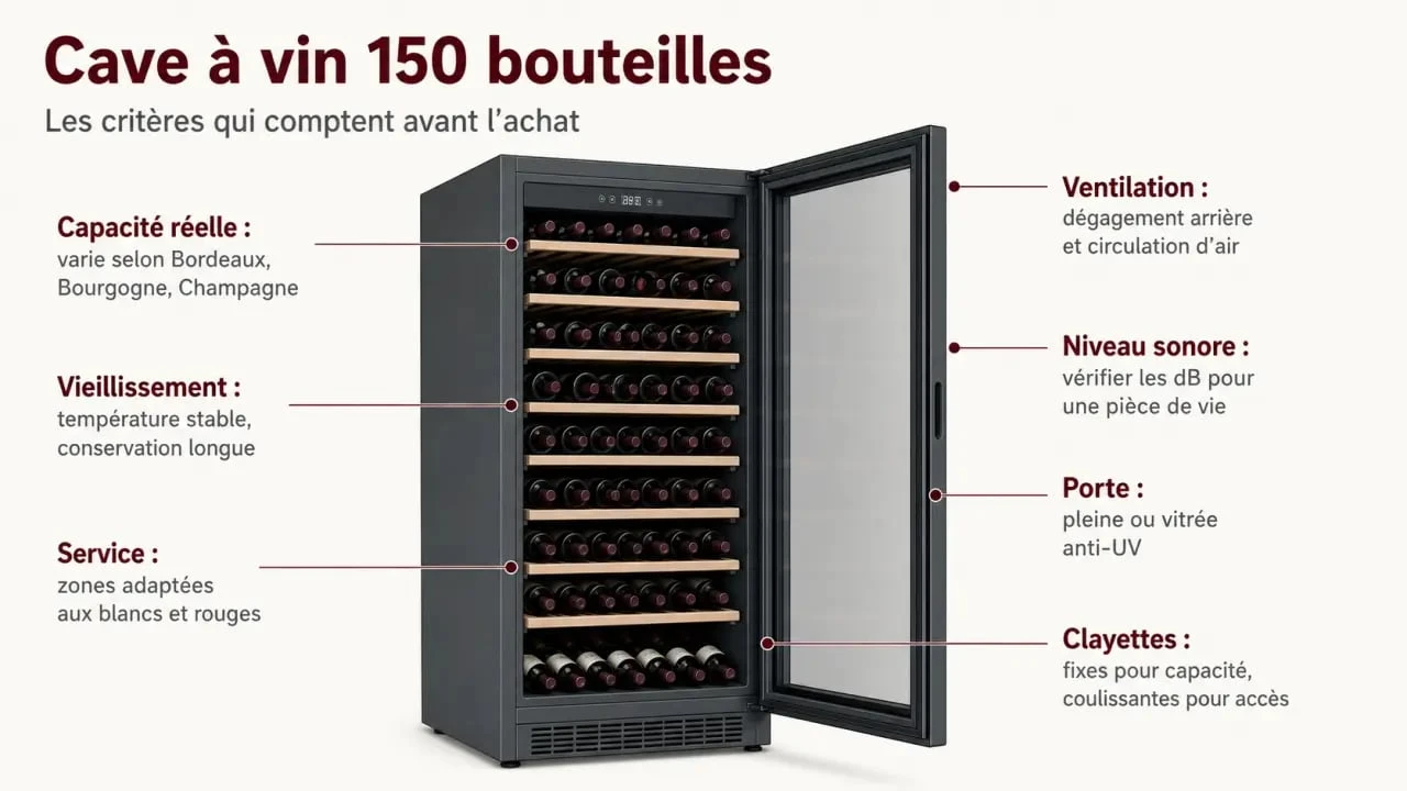 Guide d’achat cave à vin 150 bouteilles : illustration éditoriale des critères essentiels