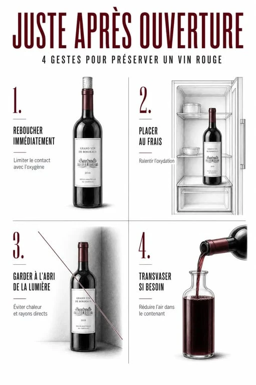 Conservation vin rouge ouvert : gestes immédiats pour prolonger la fraîcheur après ouverture