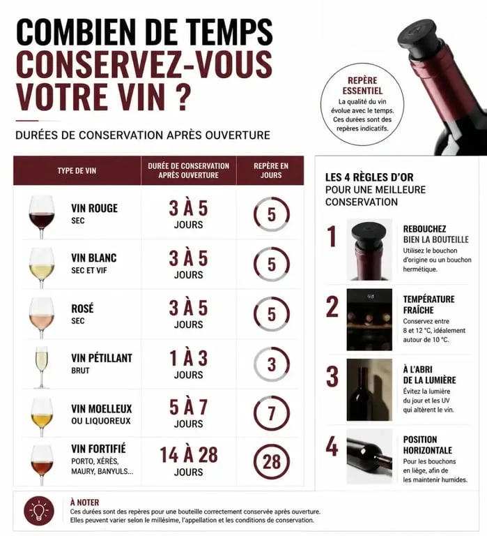 Conservation vin rouge ouvert : tableau comparatif des durées selon le type de vin et les conditions de stockage