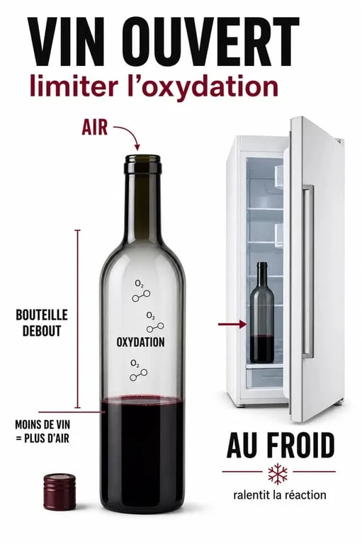 Conservation vin rouge ouvert : schéma sur l’oxydation, le froid et le niveau de remplissage de la bouteille