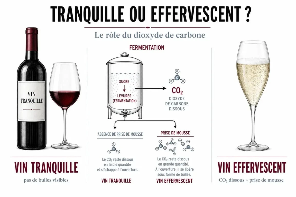 Vin tranquille comparé à un vin effervescent dans un schéma explicatif
