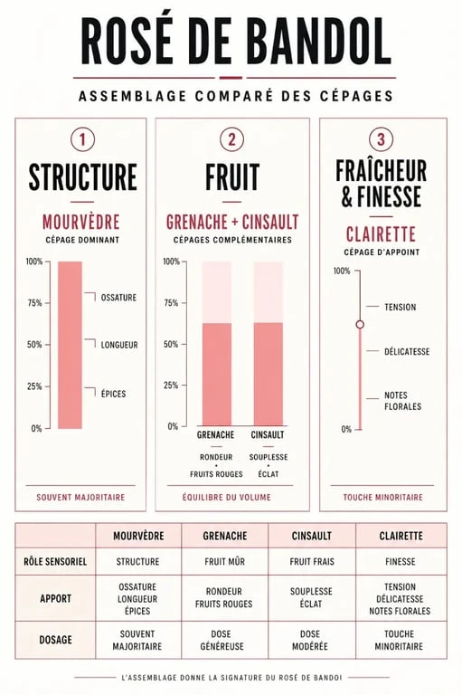 Bandol vin rosé : infographie comparative des cépages Mourvèdre, Grenache et Cinsault