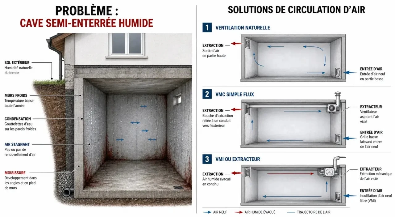 Humidité cave ventilation : schéma des flux d’air et des solutions VMC, VMI et extracteur