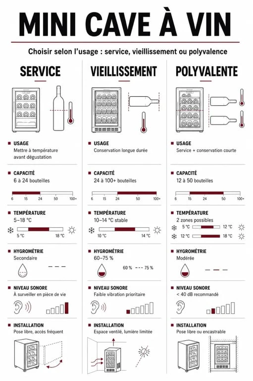 Mini cave a vin : infographie comparative des usages service, vieillissement et polyvalente