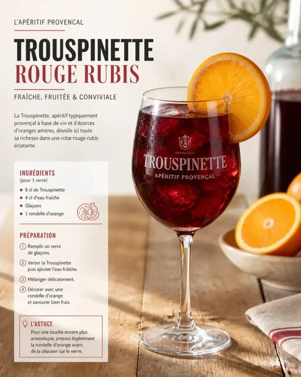 Verre de Trouspinette, apéritif traditionnel aux alcools vendéens, servi avec une rondelle d'orange