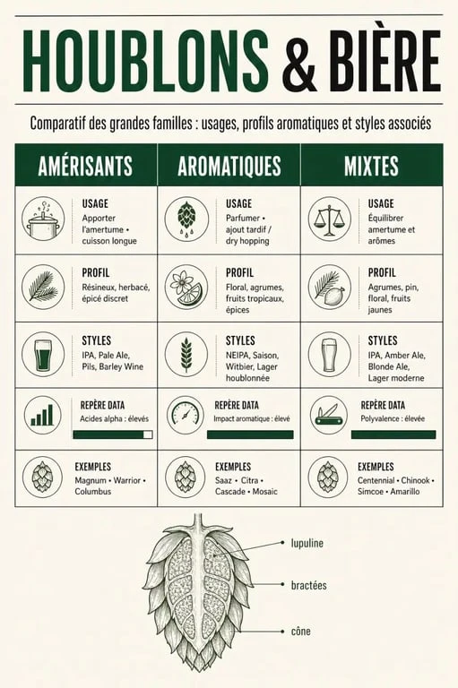 Biere houblon : tableau comparatif des grandes familles de houblon, usages et styles de bière associés