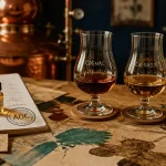 Alcool francais : cognac, calvados et chartreuse en verres sur table en chêne